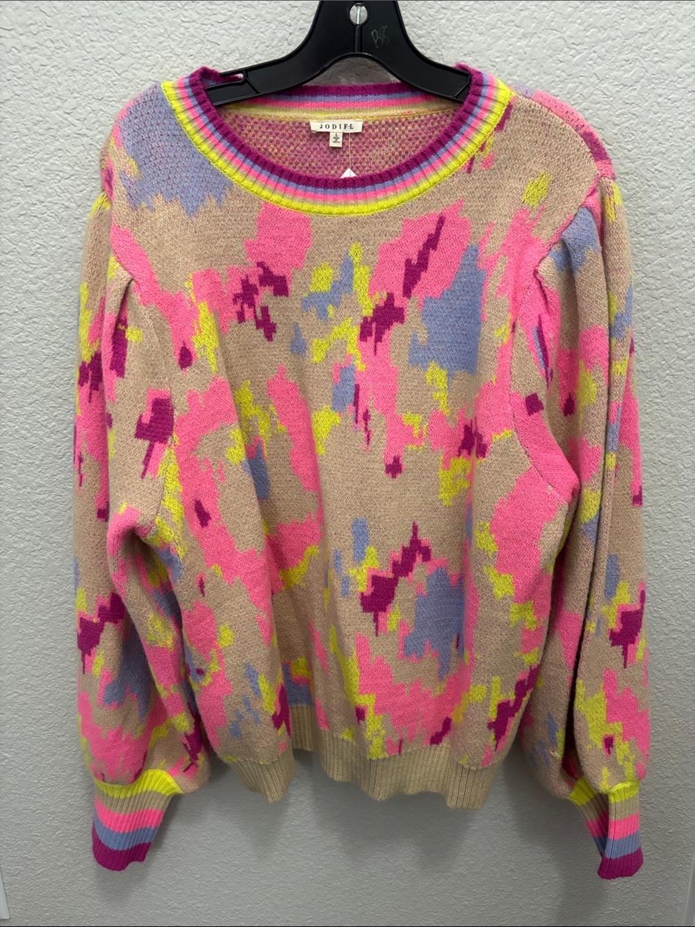 JODIFL Pink Beige Neon Yellow Lavender Abstract Crewneck Sweater